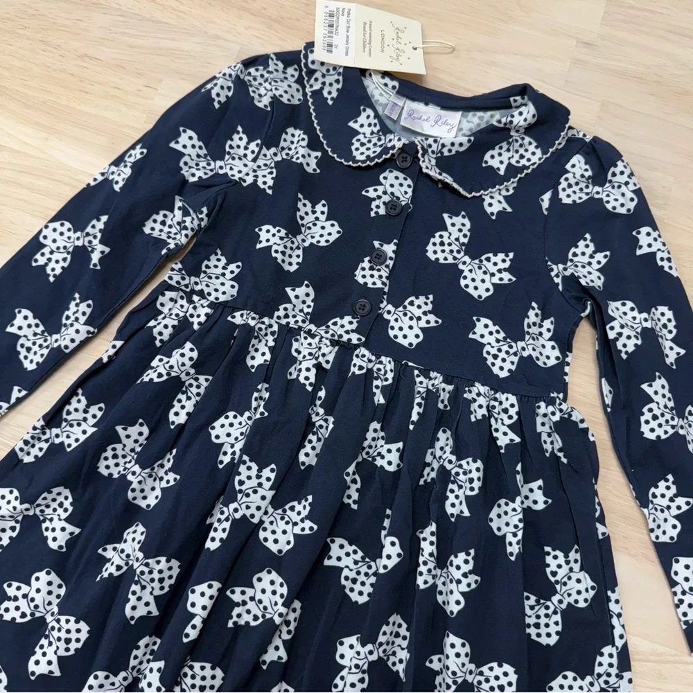 New! Rachel Riley navy cotton polka dot bow dress